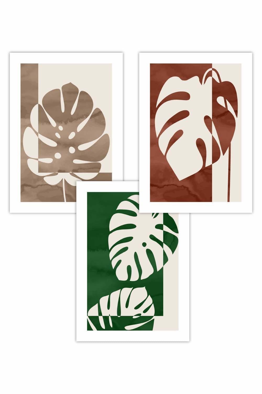 Set of 3 Mid Century Monstera in Beige and Green Art Posters